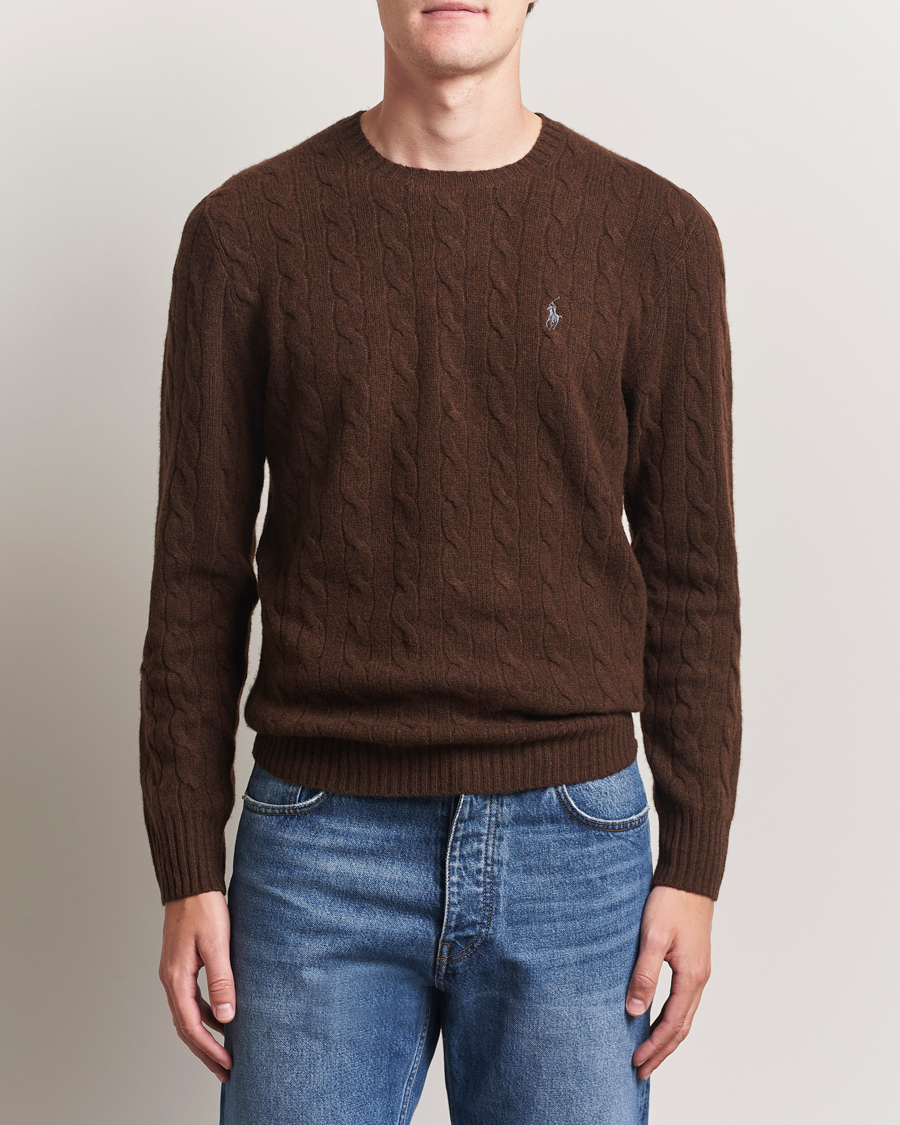 Herr | Tröjor | Polo Ralph Lauren | Wool/Cashmere Cable Crew Neck Cacao Brown Heather