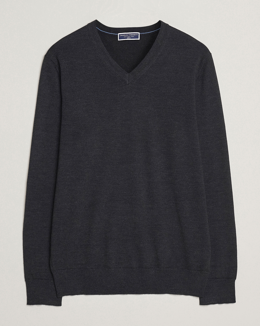 Herr | Tröjor | Charles Tyrwhitt | Pure Merino V-Neck Jumper Dark Charcoal