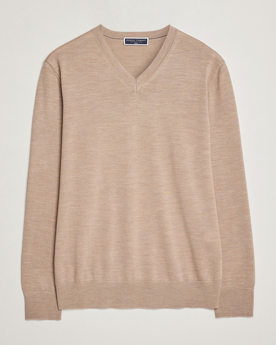Herr | Tröjor | Charles Tyrwhitt | Pure Merino V-Neck Jumper Oatmeal