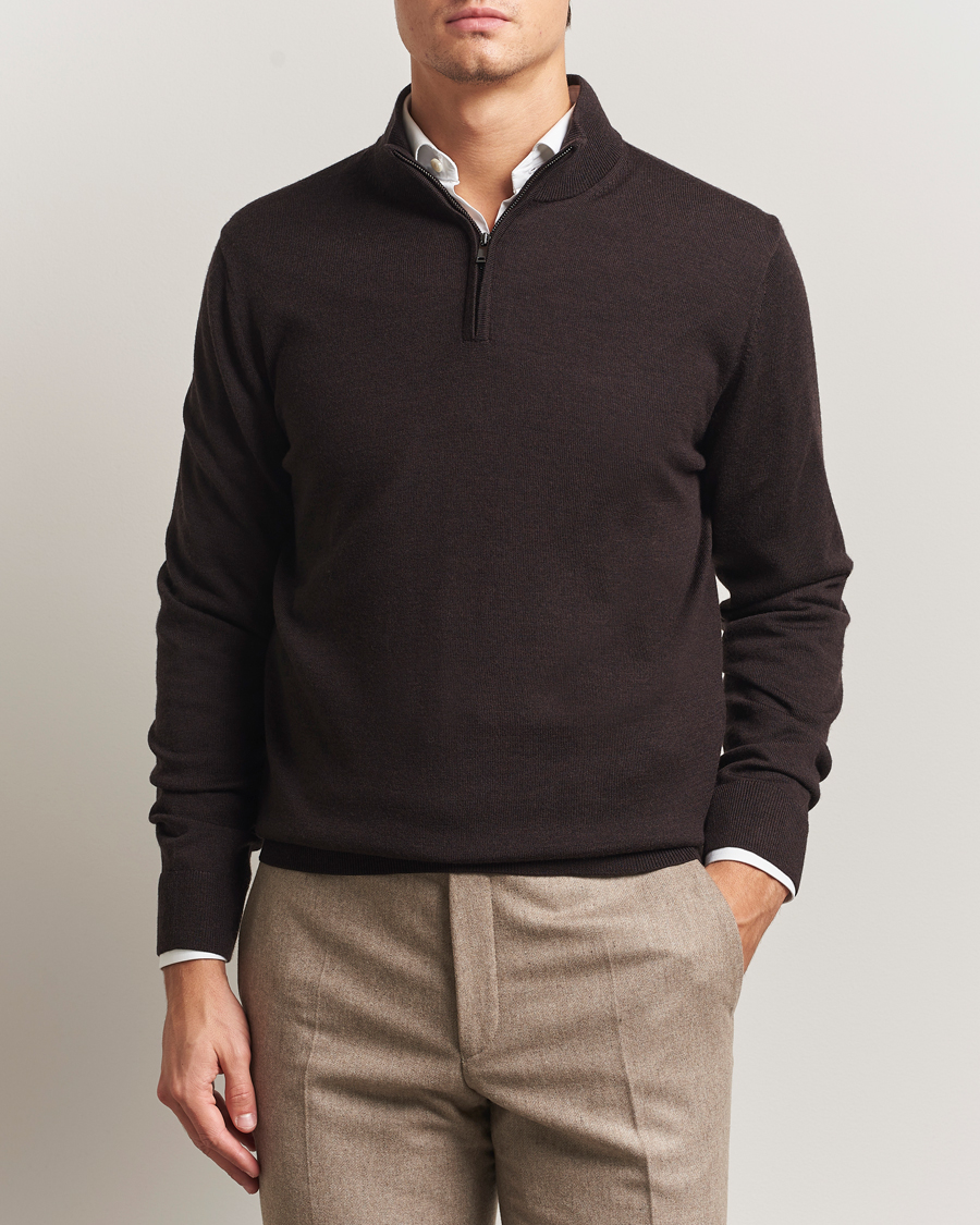 Herr | Tröjor | Charles Tyrwhitt | Pure Merino Zip Neck Jumper Chocolate Brown