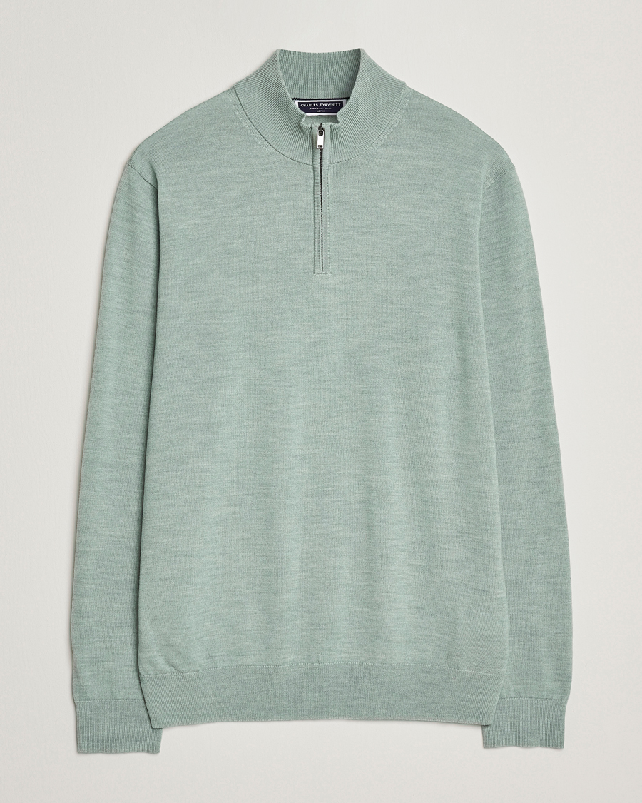 Herr | Tröjor | Charles Tyrwhitt | Pure Merino Zip Neck Jumper Pale Teal Green