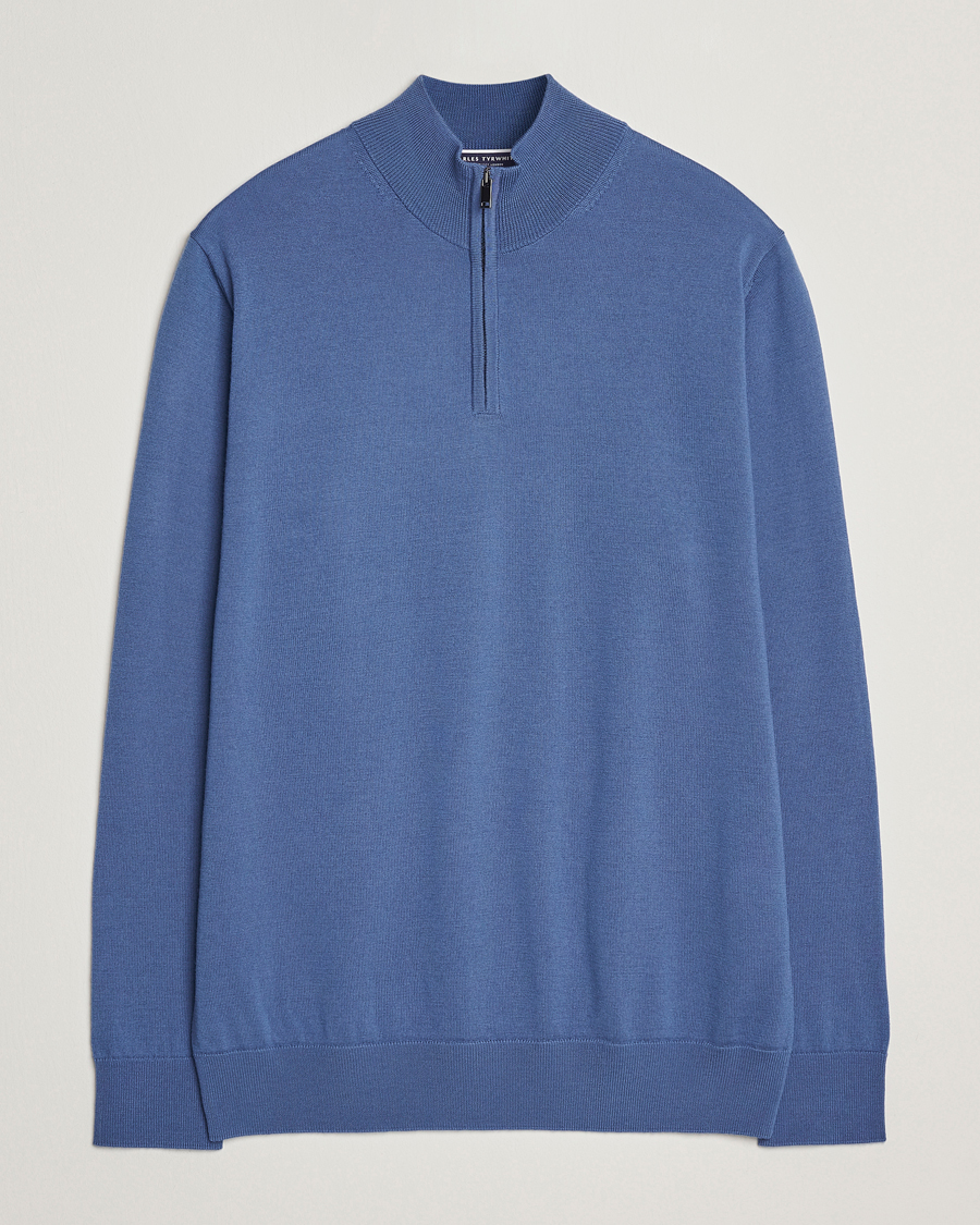 Herr | Tröjor | Charles Tyrwhitt | Pure Merino Zip Neck Jumper Steel Blue