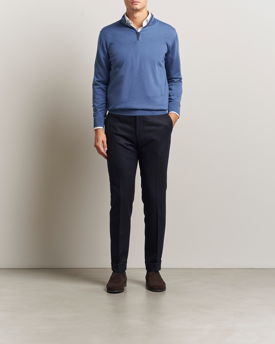 Herr | Tröjor | Charles Tyrwhitt | Pure Merino Zip Neck Jumper Steel Blue