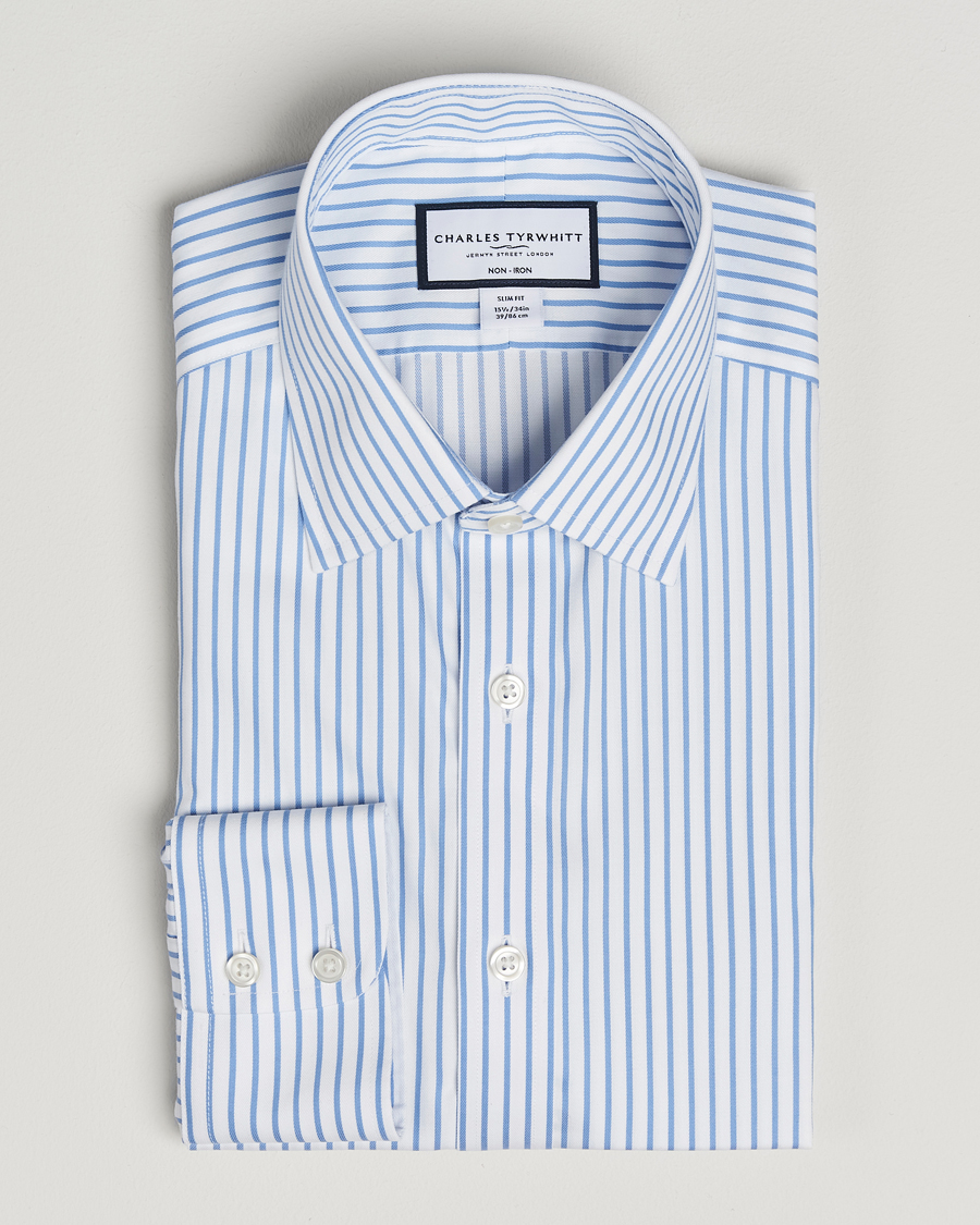 Herr | Skjortor | Charles Tyrwhitt | Slim Fit Non Iron Striped Twill Cut Away Shirt White/Sky