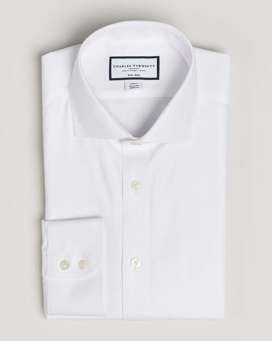 Herr | Skjortor | Charles Tyrwhitt | Slim Fit Non Iron Herringbone Cut Away Shirt White