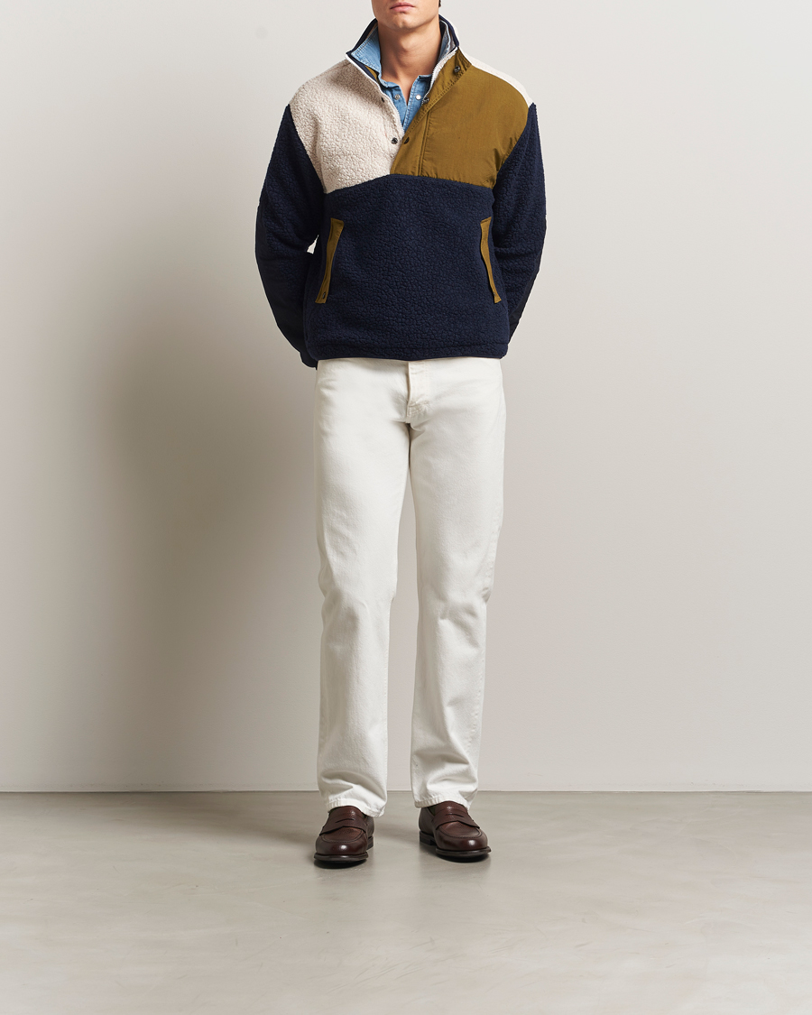 Herr | Tröjor | Drake's | Colourblock Half-Zip Fleece Navy/Ecru/Yellow