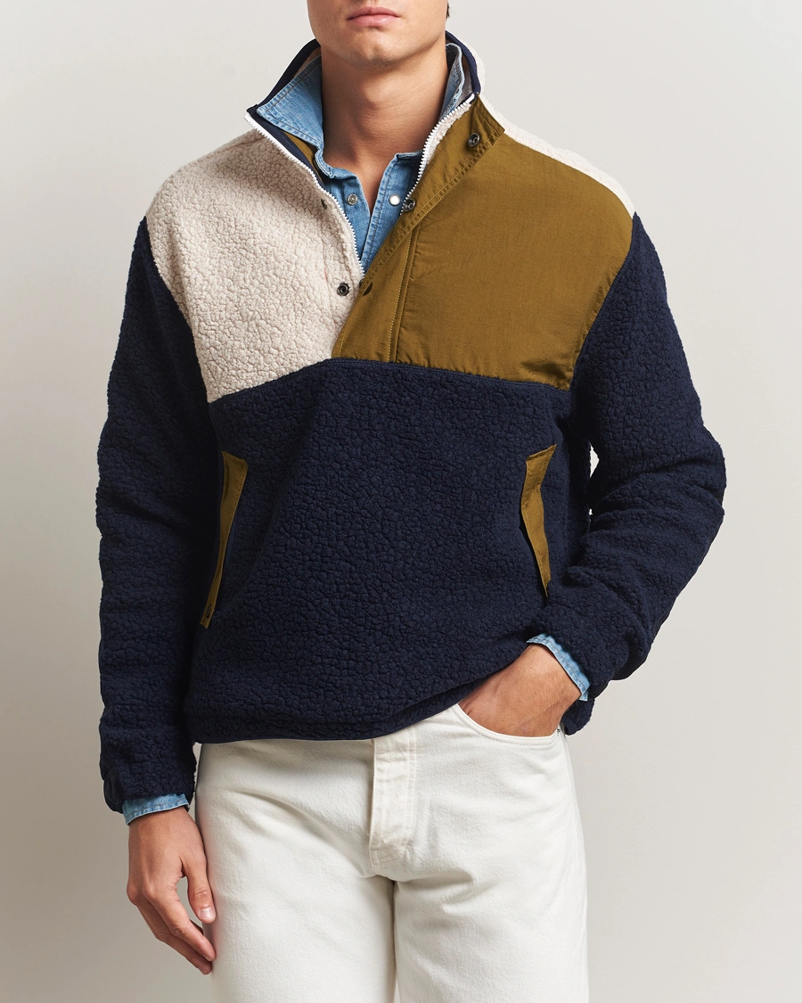Herr | Tröjor | Drake's | Colourblock Half-Zip Fleece Navy/Ecru/Yellow