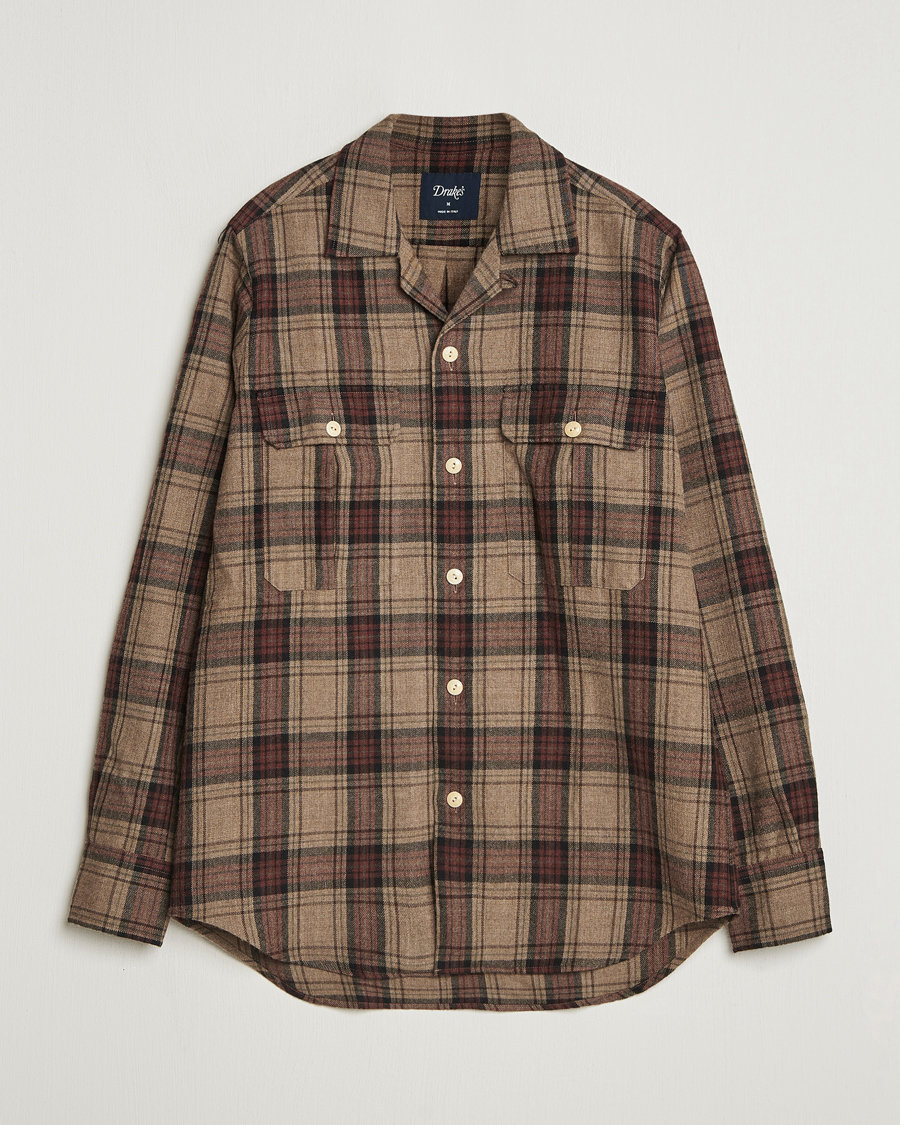 Herr | Skjortor | Drake's | Wool Camp Collar Work Shirt Brown