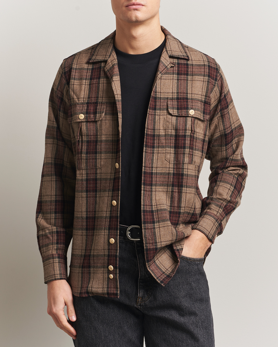 Herr | Skjortor | Drake's | Wool Camp Collar Work Shirt Brown
