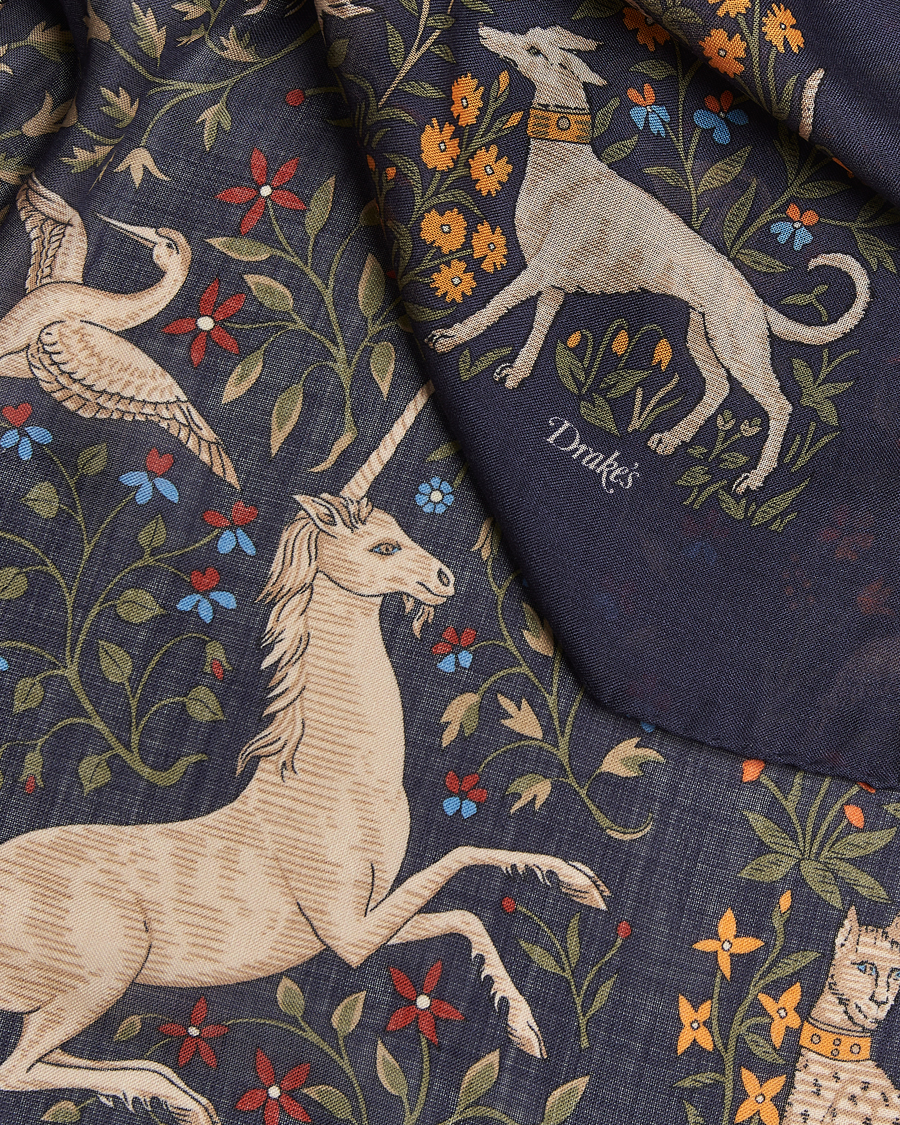 Herr | Scarves | Drake's | Drake'sUnicorn Garden Wool/Silk ScarfNavy