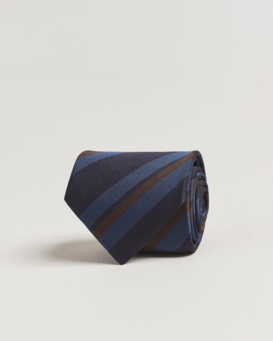 Herr | Slipsar | Drake's | Stripe Mogador Silk/Cotton Tie Navy/Brown