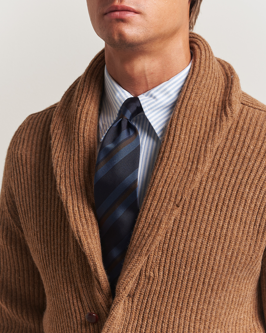 Herr | Slipsar | Drake's | Stripe Mogador Silk/Cotton Tie Navy/Brown