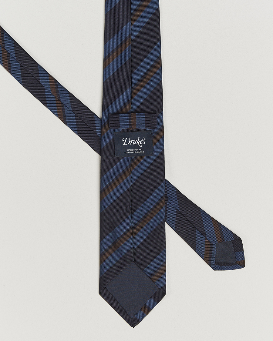 Herr | Slipsar | Drake's | Stripe Mogador Silk/Cotton Tie Navy/Brown