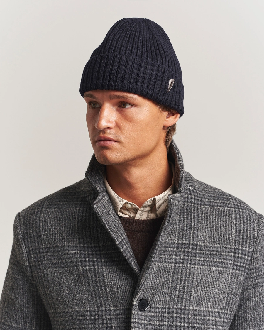 Herr | Mössor | Stenströms | Rib Knitted Merino Beanie Navy