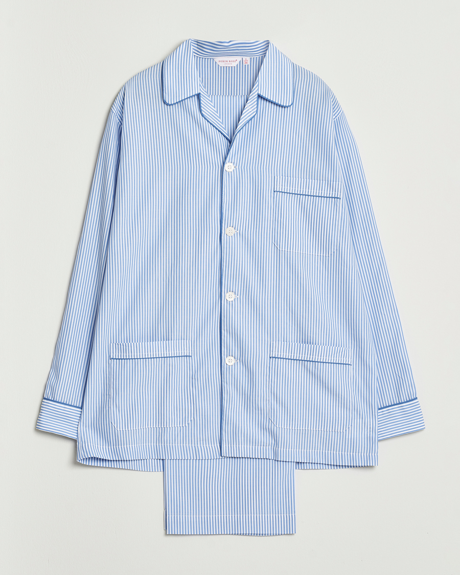 Herr | Pyjamas & Morgonrockar | Derek Rose | Striped Piped Cotton Pyjama Set Blue/White