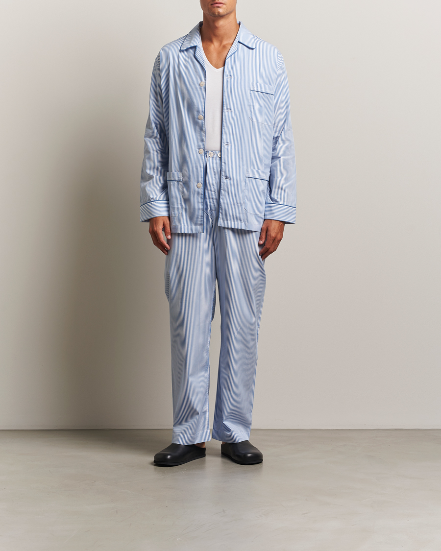 Herr | Pyjamas & Morgonrockar | Derek Rose | Striped Piped Cotton Pyjama Set Blue/White