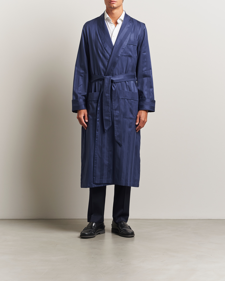 Herr | Pyjamas & Morgonrockar | Derek Rose | Striped Cotton Dressing Gown Navy