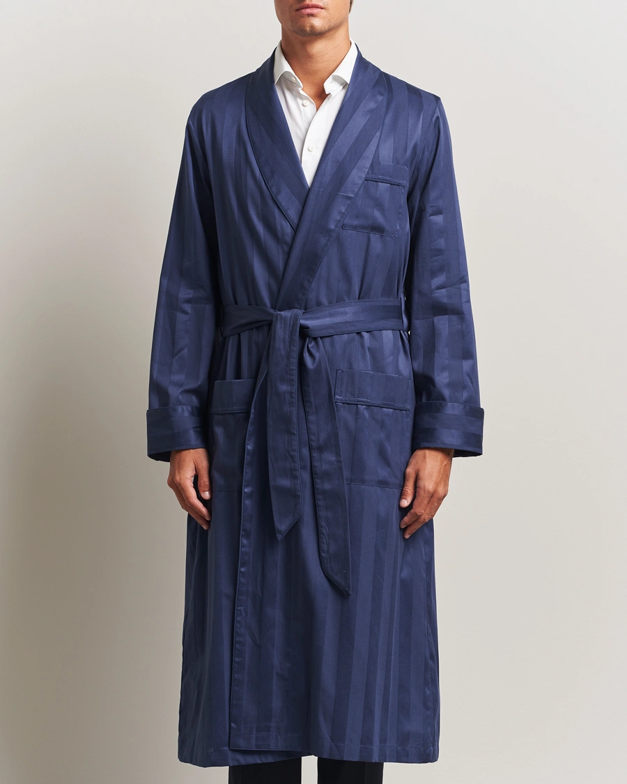 Herr | Pyjamas & Morgonrockar | Derek Rose | Striped Cotton Dressing Gown Navy
