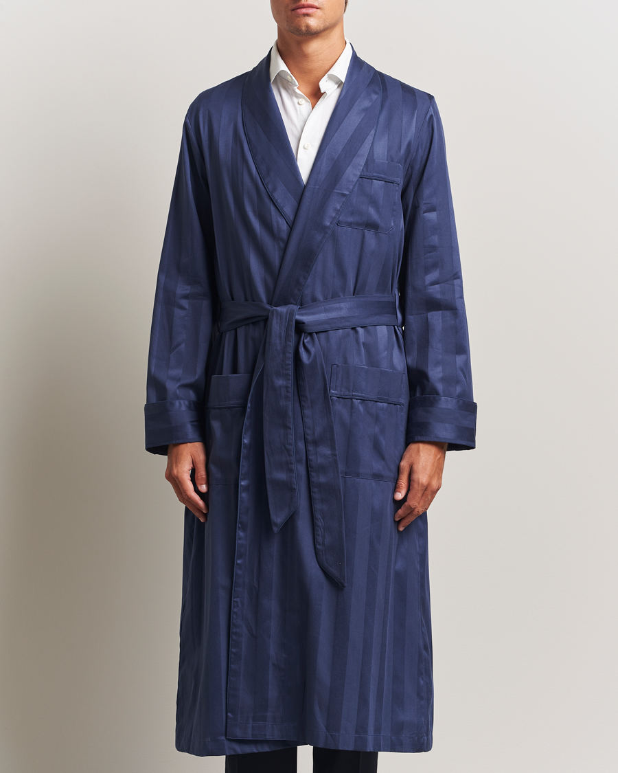 Herr | Pyjamas & Morgonrockar | Derek Rose | Striped Cotton Dressing Gown Navy
