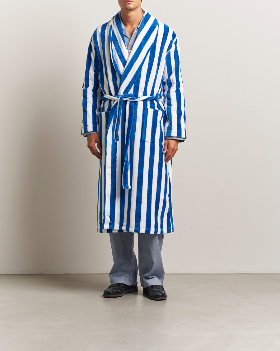 Herr | Pyjamas & Morgonrockar | Derek Rose | Striped Cotton Velour Gown Blue/White