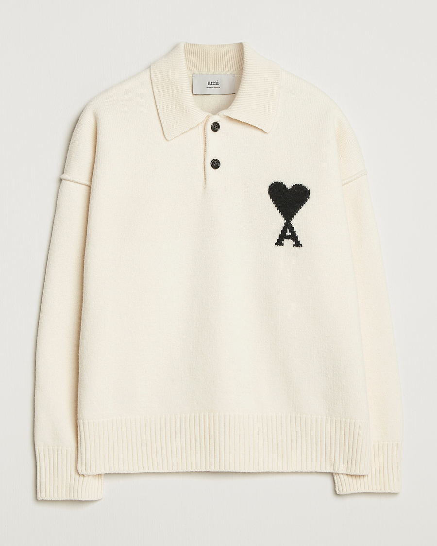 Herr | Tröjor | AMI | Big Heart Logo Wool Knitted Polo Ecru