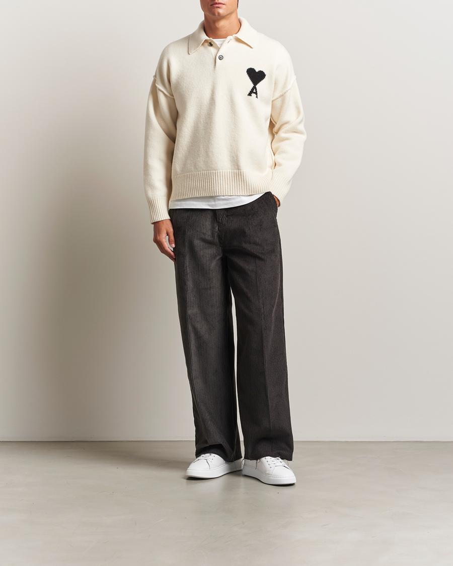 Herr | Tröjor | AMI | Big Heart Logo Wool Knitted Polo Ecru