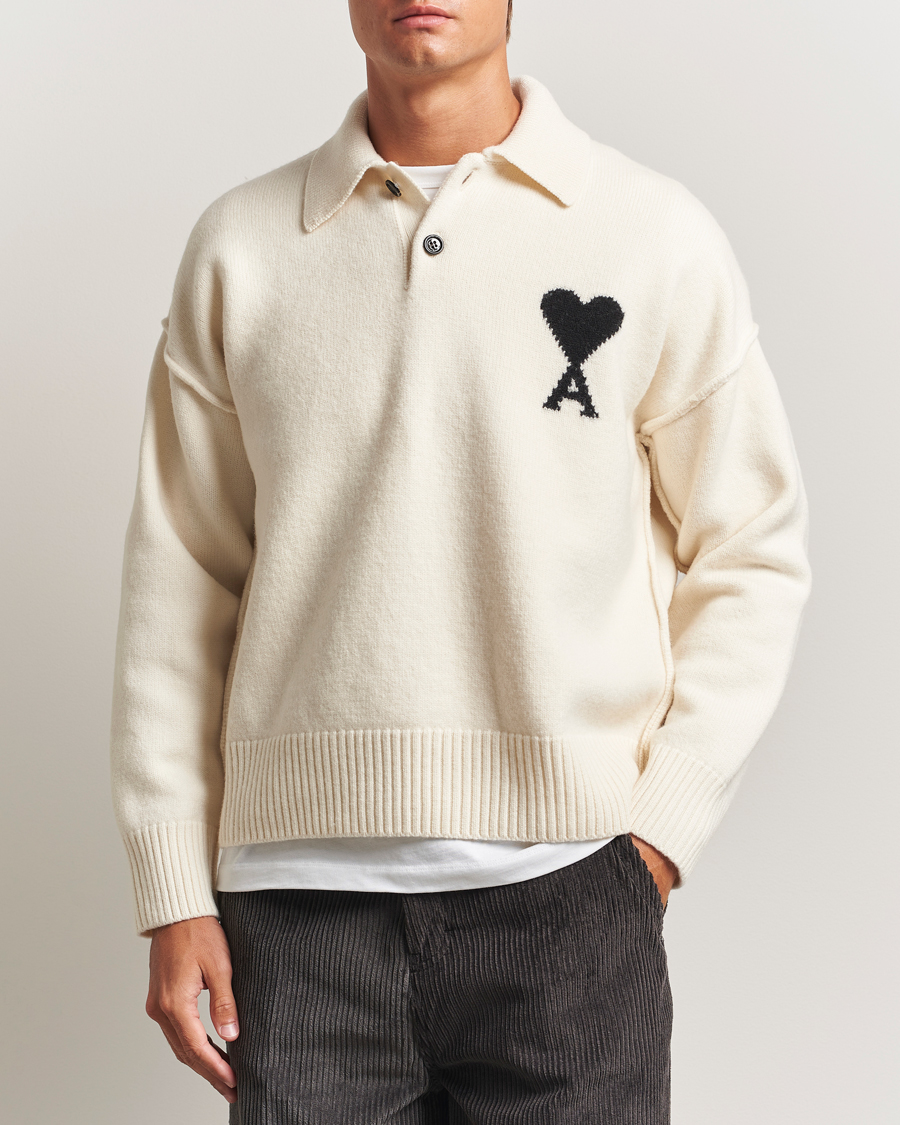 Herr | Tröjor | AMI | Big Heart Logo Wool Knitted Polo Ecru