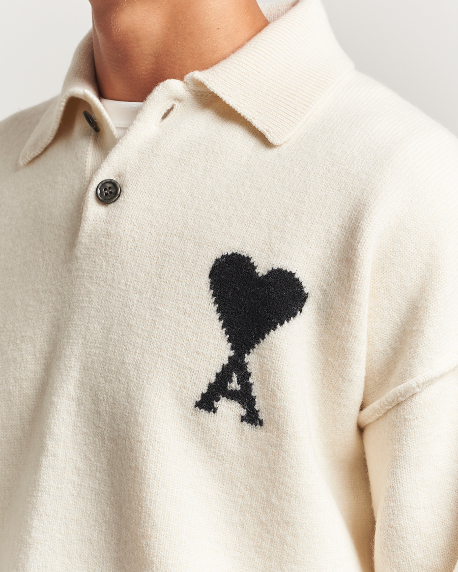 Herr | Tröjor | AMI | Big Heart Logo Wool Knitted Polo Ecru