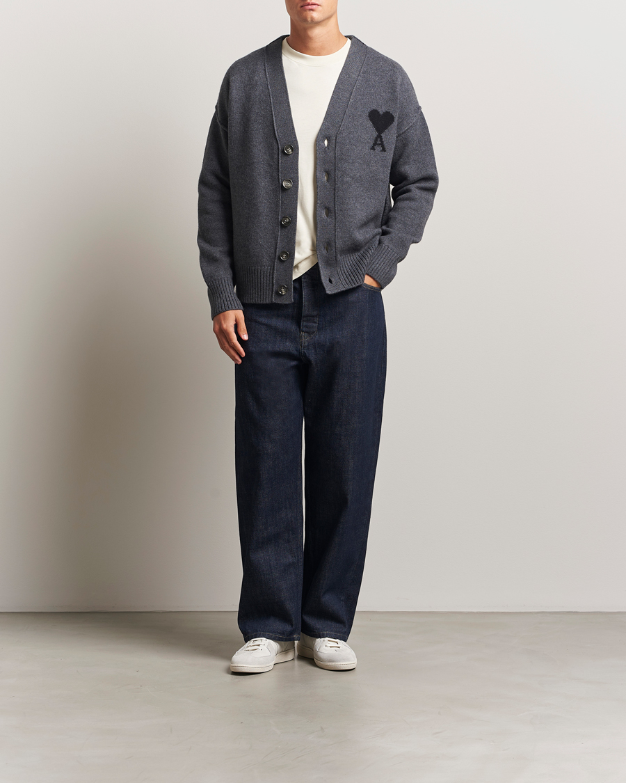 Herr | Tröjor | AMI | Big Heart Logo Wool Knitted Cardigan Dark Grey