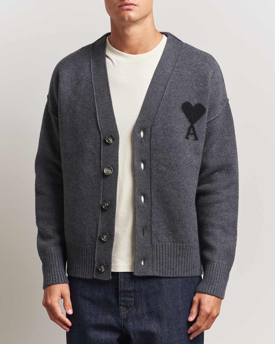 Herr | Tröjor | AMI | Big Heart Logo Wool Knitted Cardigan Dark Grey