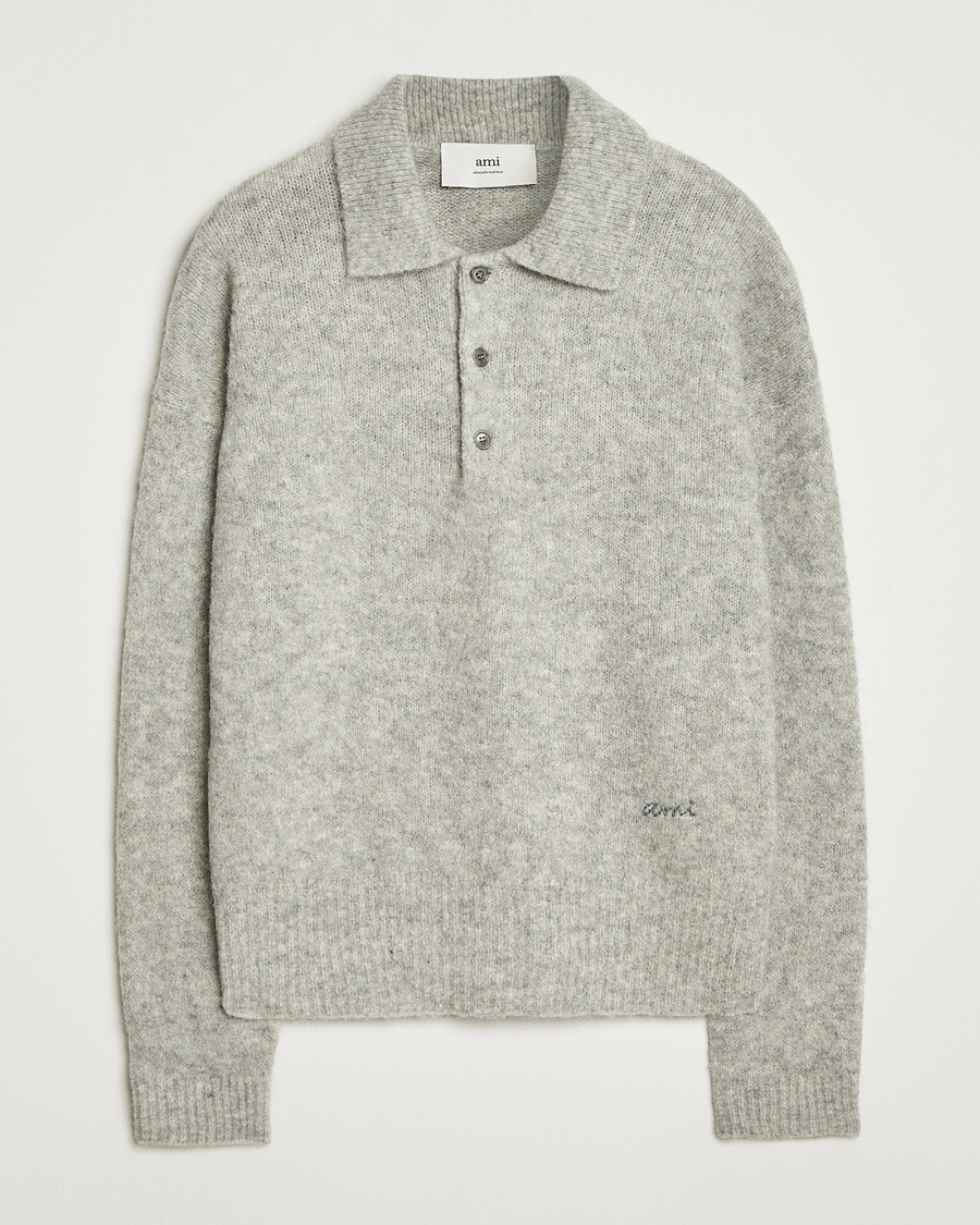 Herr | Tröjor | AMI | Signature Alpaca Knitted Polo Light Grey Melange