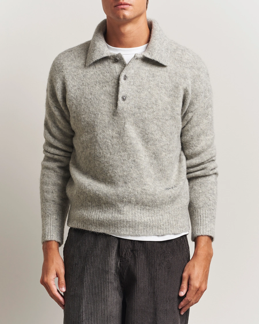 Herr | Tröjor | AMI | Signature Alpaca Knitted Polo Light Grey Melange