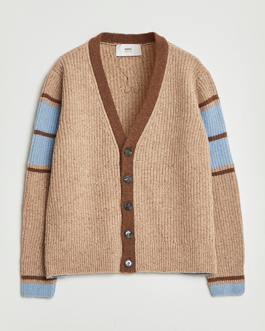 Herr | Tröjor | AMI | Ribbed Wool Knitted Cardigan Camel
