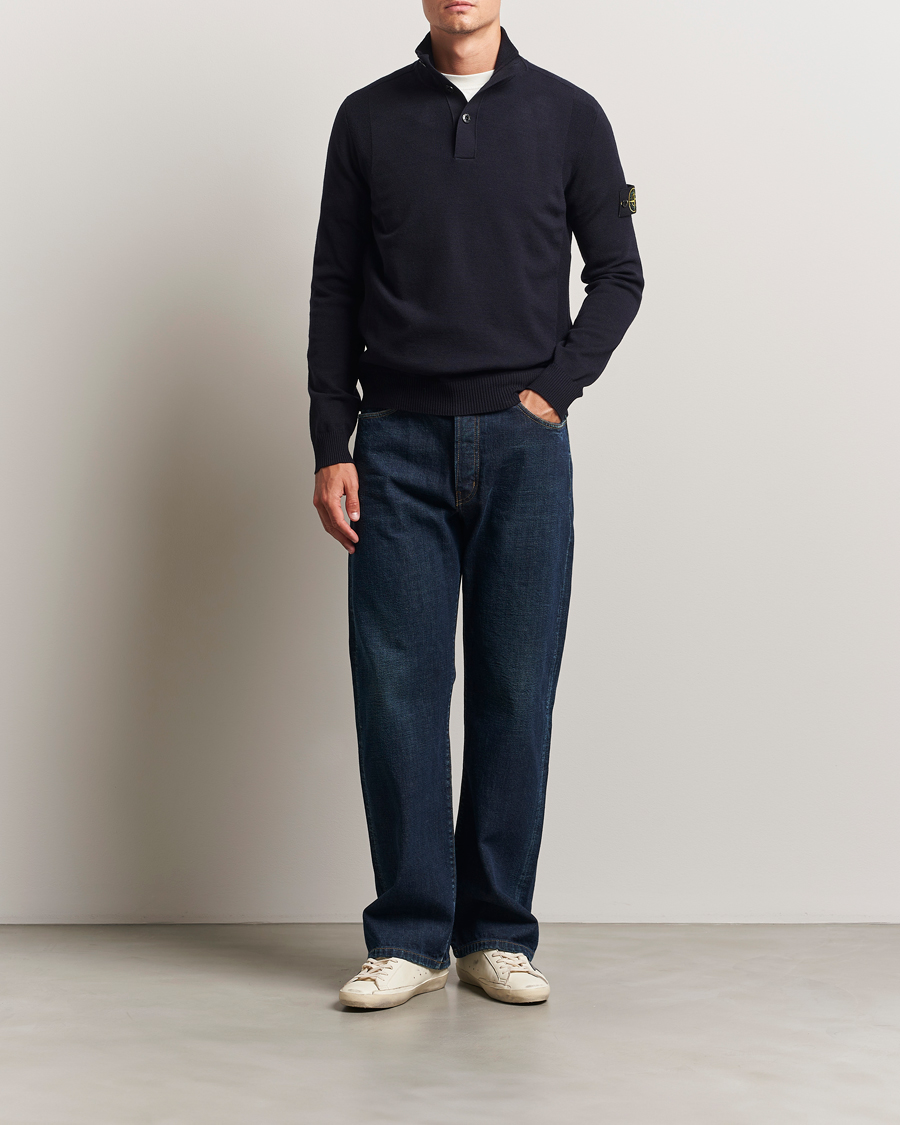 Herr | Tröjor | Stone Island | Stretch Wool Knitted Half Button Jumper Navy