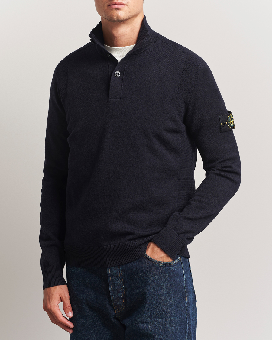 Herr | Tröjor | Stone Island | Stretch Wool Knitted Half Button Jumper Navy