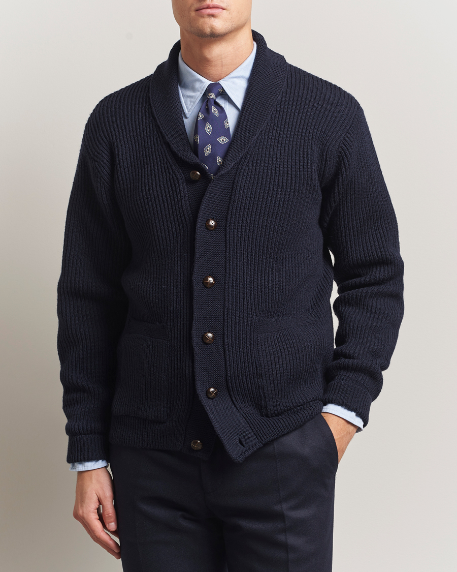 Herr | Tröjor | Kamakura Shirts | McQueen Shawl Collar Cardigan Navy