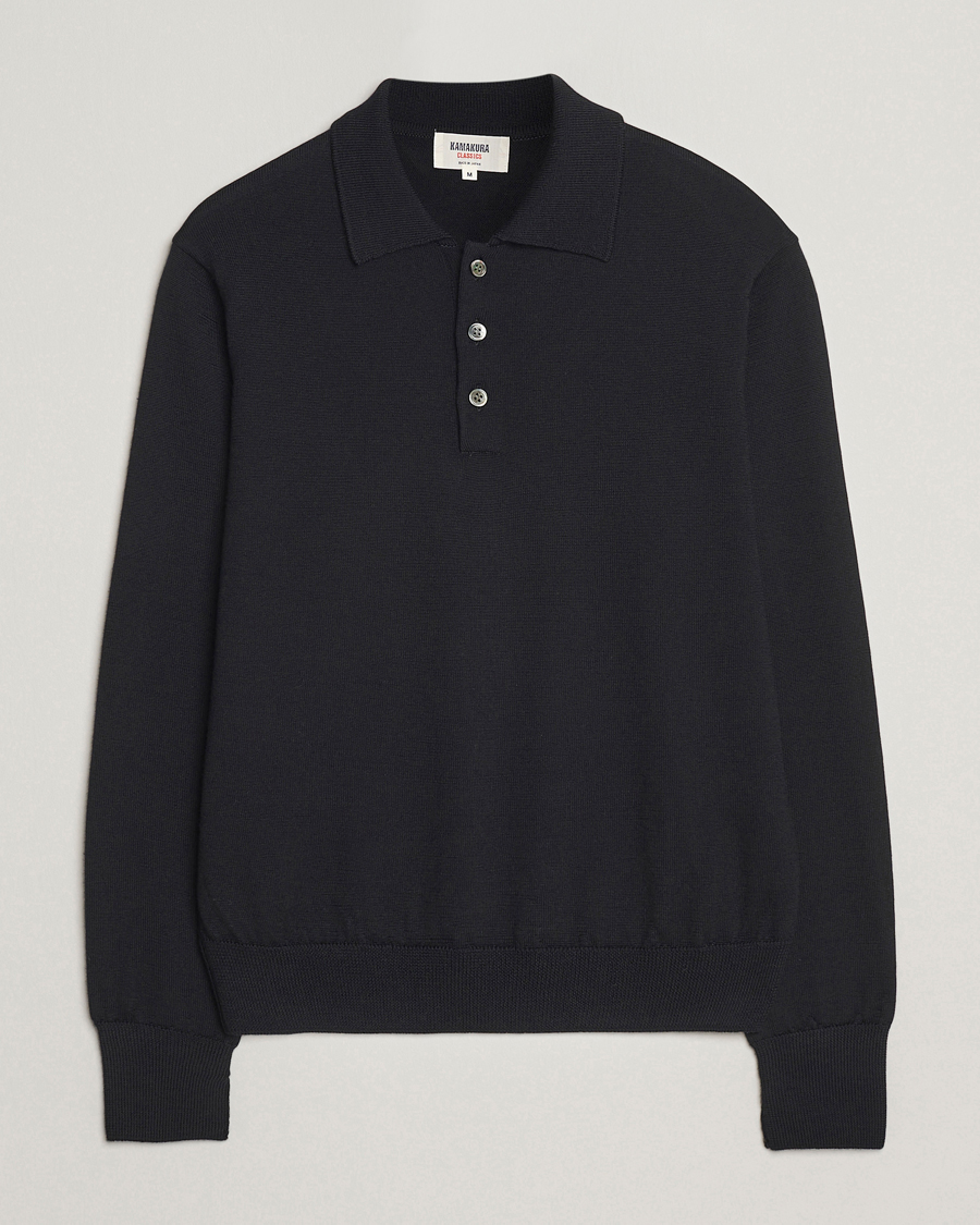 Herr | Tröjor | Kamakura Shirts | Long Sleeve Knitted Polo Black