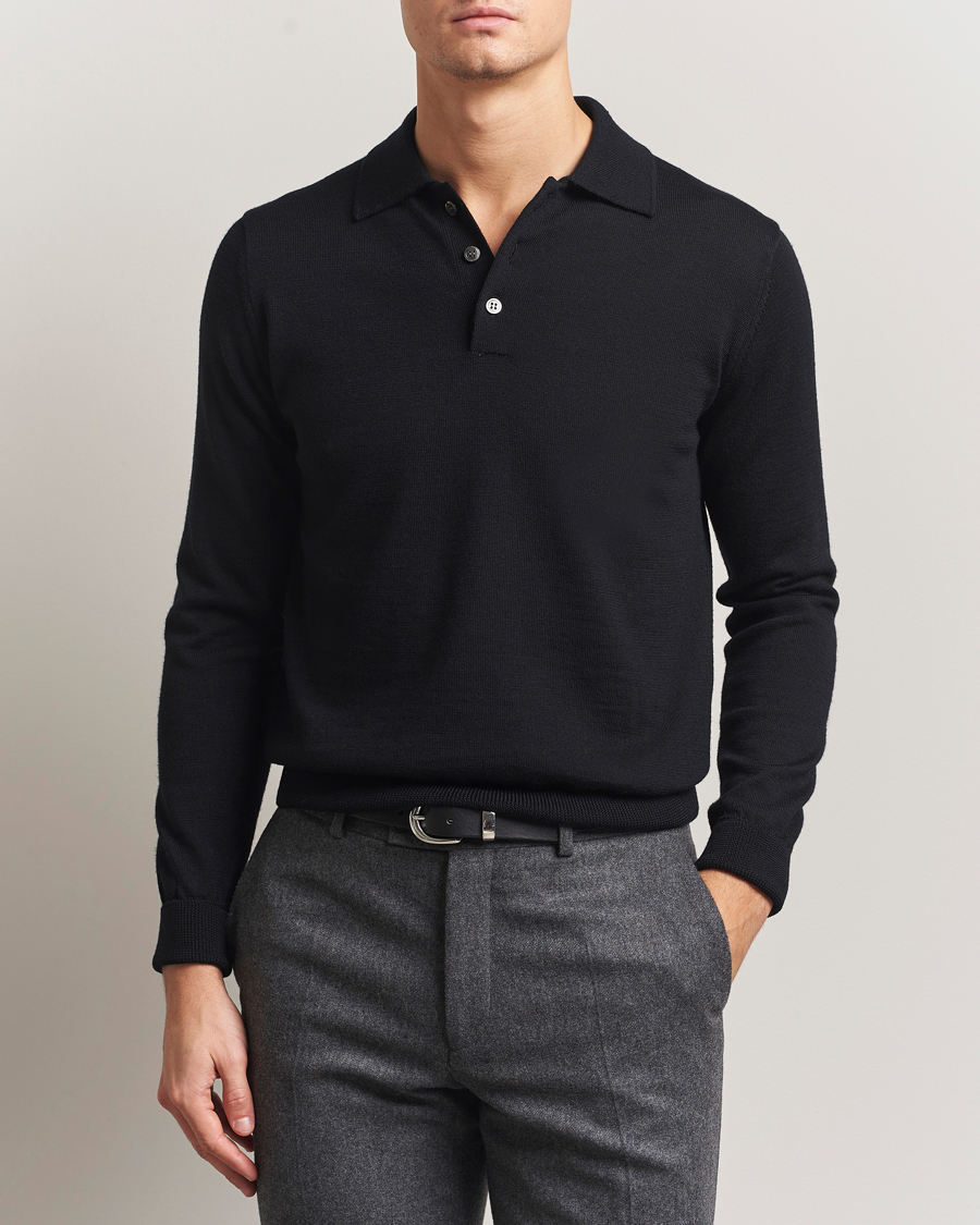Herr | Tröjor | Kamakura Shirts | Long Sleeve Knitted Polo Black