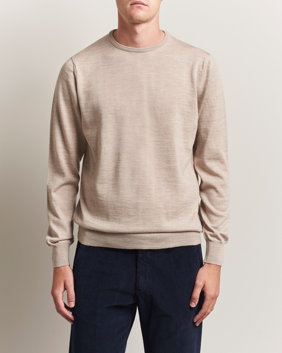 Herr | Tröjor | Morgano | Extra Fine Merino Wool Crewneck Beige