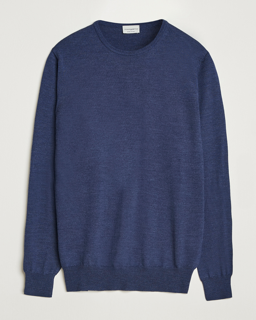 Herr | Tröjor | Morgano | Extra Fine Merino Wool Crewneck Mid Blue