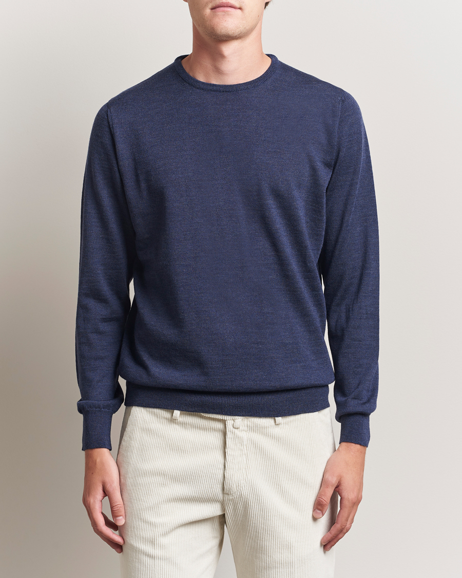 Herr | Tröjor | Morgano | Extra Fine Merino Wool Crewneck Mid Blue