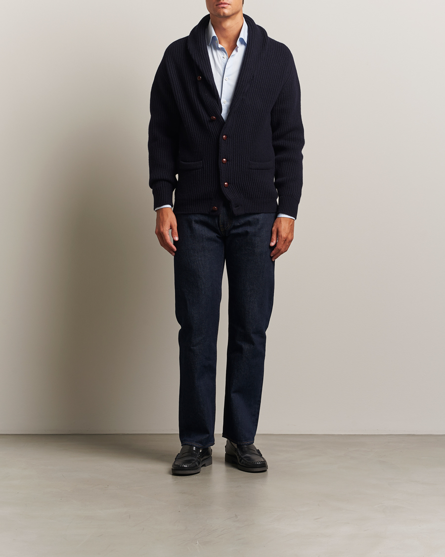 Herr | Tröjor | William Lockie | Windsor Geelong Lambswool Shawl Cardigan Navy