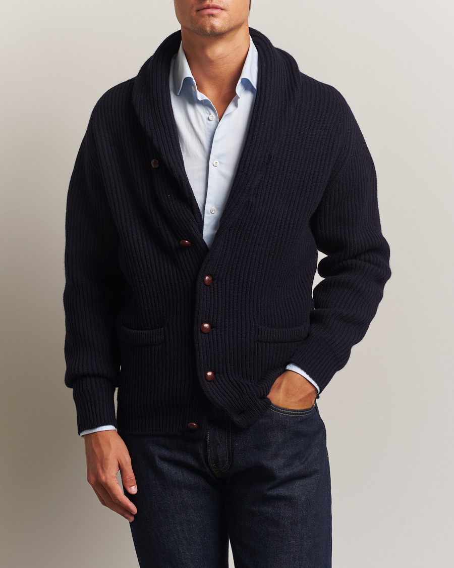 Herr | Tröjor | William Lockie | Windsor Geelong Lambswool Shawl Cardigan Navy
