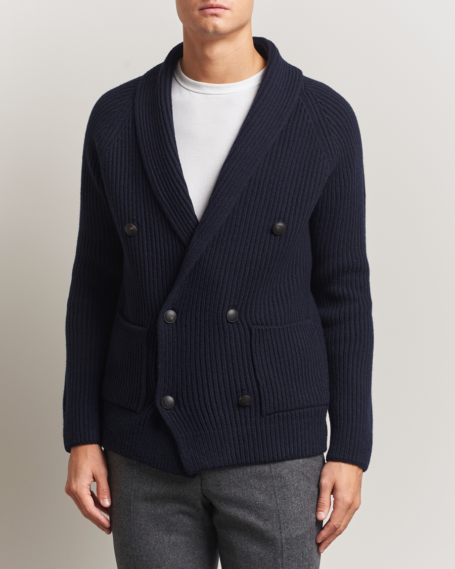 Herr | Tröjor | Gran Sasso | Shawl Collar Heavy Knitted Wool Cardigan Navy