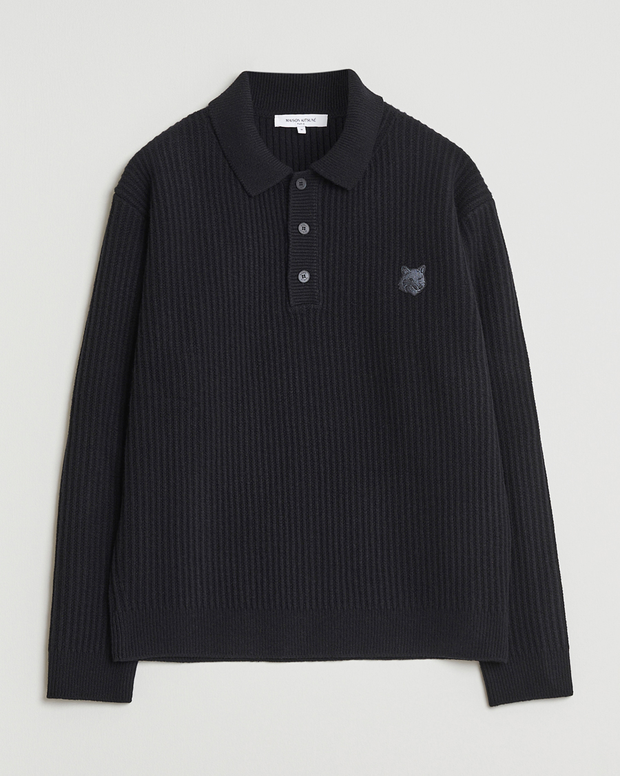 Herr | Tröjor | Maison Kitsuné | Tonal Fox Head Wool Ribbed Polo Black