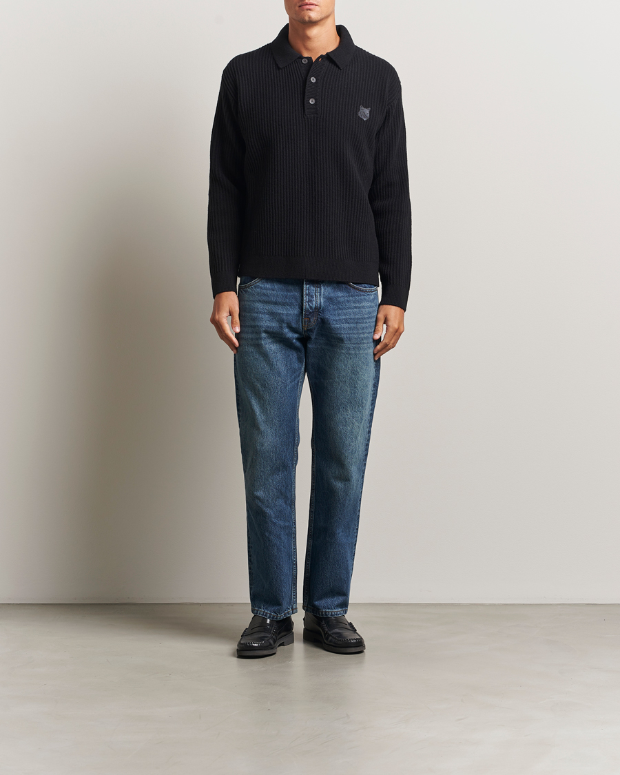 Herr | Tröjor | Maison Kitsuné | Tonal Fox Head Wool Ribbed Polo Black
