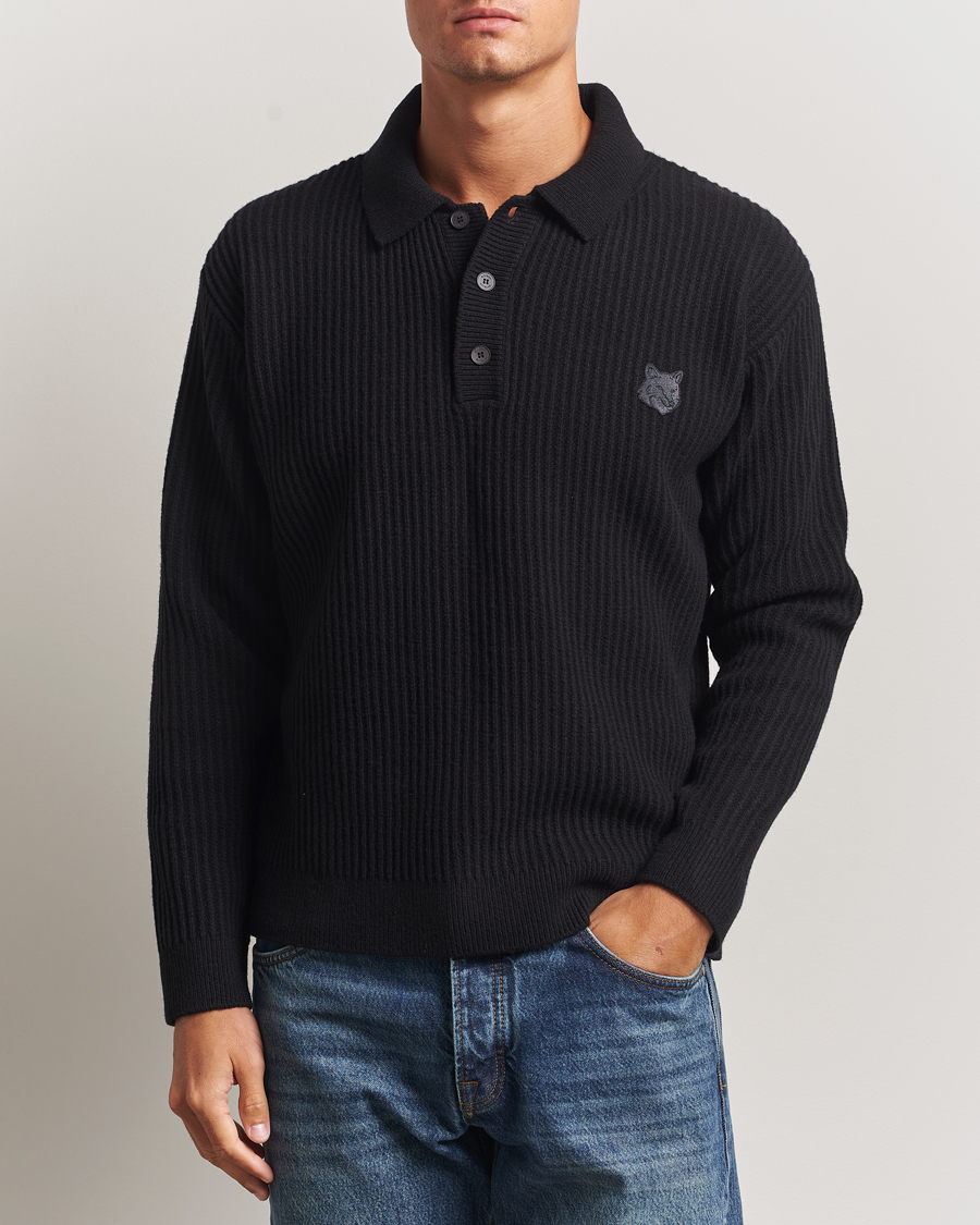 Herr | Tröjor | Maison Kitsuné | Tonal Fox Head Wool Ribbed Polo Black