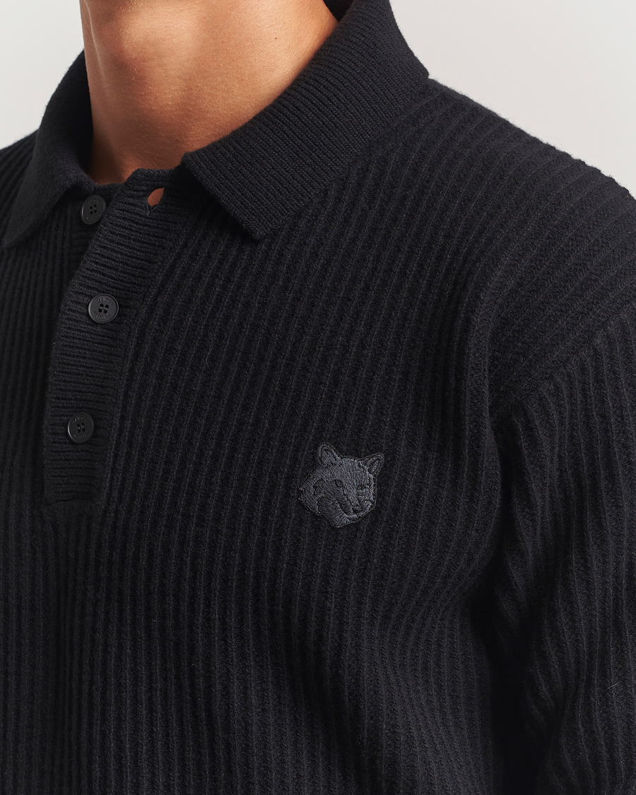 Herr | Tröjor | Maison Kitsuné | Tonal Fox Head Wool Ribbed Polo Black