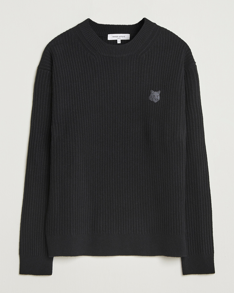 Herr | Tröjor | Maison Kitsuné | Tonal Fox Head Wool Ribbed Sweater Black