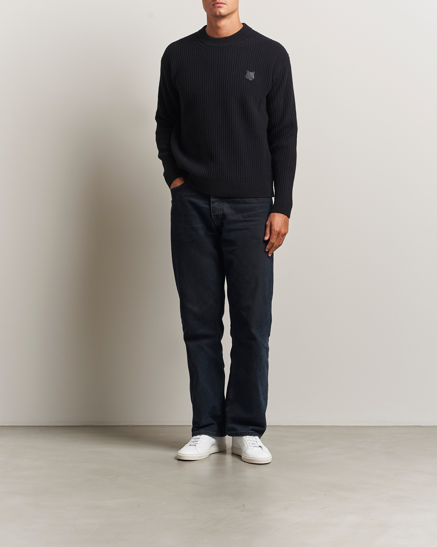 Herr | Tröjor | Maison Kitsuné | Tonal Fox Head Wool Ribbed Sweater Black